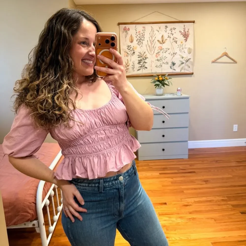 Staud Purple Smocked Sexy Sweetheart Crop Puff Sleeve Blouse Top 8